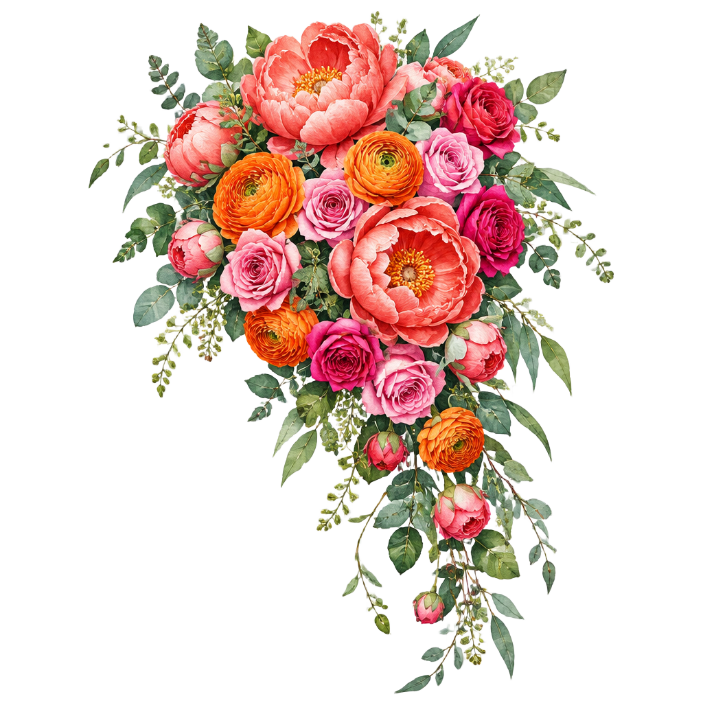 Bouquet cascade de pivoines corail, renoncules orange et amarantes tombantes